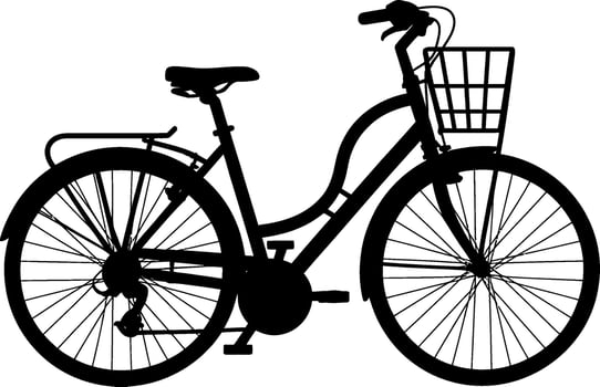 Black silhouette of a bicycle with a front basket and rear rack bike white vector