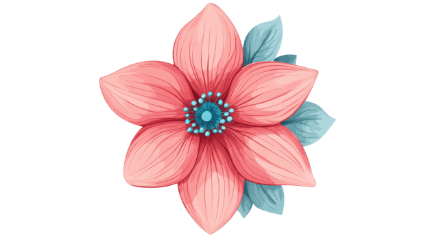 A vivid pink flower with soft blue leaves is beautifully illustrated on a clean white background png