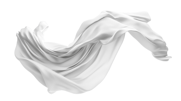 Soft white fabric appears to dance in the air, creating graceful waves in a brightly lit environment png
