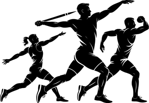 Black silhouette athletes javelin throw shot put and running sport vector