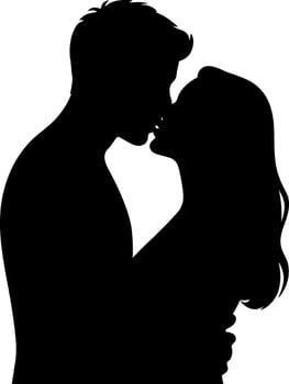 Black silhouette of a couple kissing tenderly with their heads tilted love romance vector