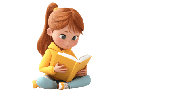 A little girl is sitting on the floor reading a book png