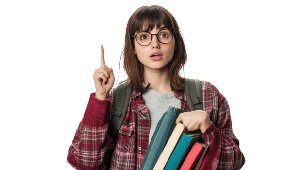 A girl with glasses and books holding up a finger png