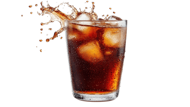 A glass of cola with ice and splash png