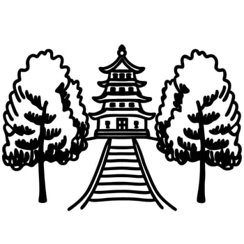 Traditional japanese pagoda with staircase and trees hand drawn temple illustration, cultural architecture design vector