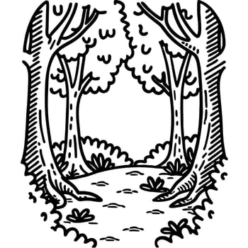 scenic forest pathway illustration with tall trees, leafy canopy, and winding dirt trail, black and white nature art vector
