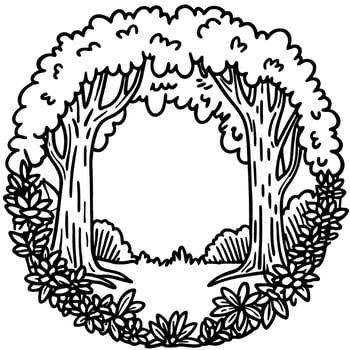 Circular nature frame with two large trees and dense foliage, black and white botanical border illustration vector