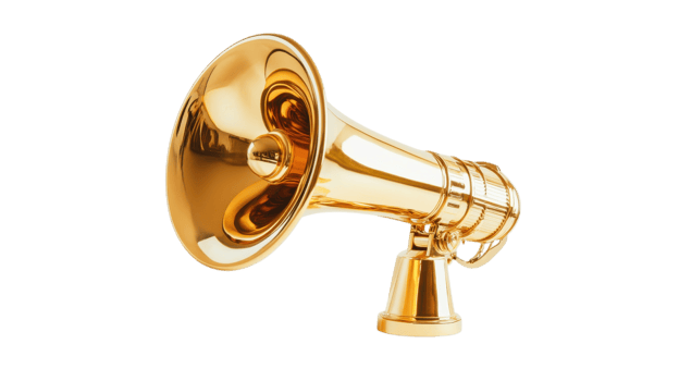 Brass megaphone sits elegantly in a well-lit studio, showcasing its classic design and fine craftsmanship png