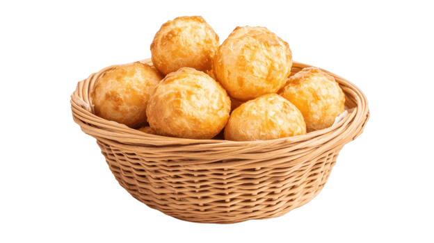 Delicious cheese bread rolls are stacked in a woven basket, perfect for sharing at a gathering or snack time png