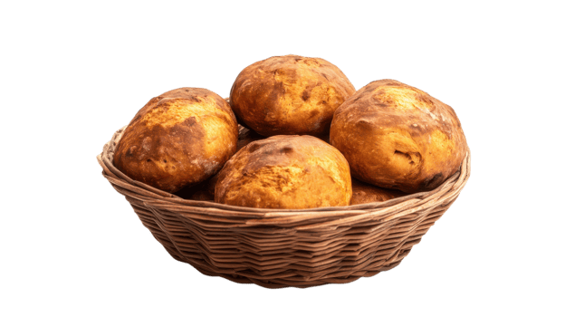 Golden brown bread rolls are neatly arranged in a woven basket, warming the atmosphere of a family meal png