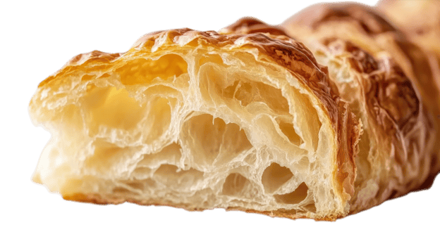 Close view of a flaky croissant reveals its golden brown texture and airy, layered interior, tempting all pastry lovers png