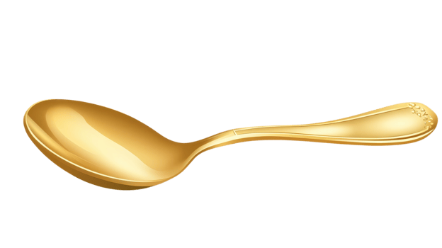 A shiny golden spoon rests on a white surface, highlighting its sleek design and luxurious appeal png