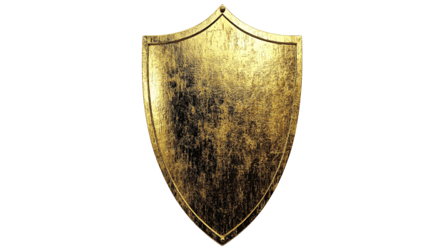 A worn golden shield reflects light, showcasing its unique texture and classic design against a simple backdrop png