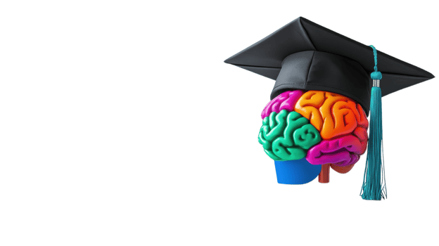 A vibrant brain model with a graduation cap illustrates the connection between learning and intelligence in academia png
