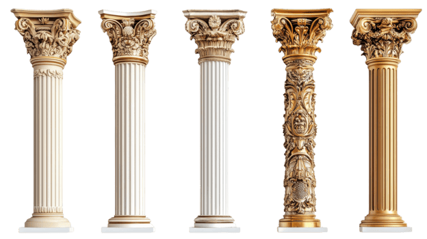 Five unique columns showcase distinct architectural styles with intricate carvings and historical designs png