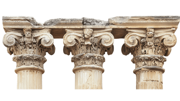 Three historic columns showcase intricate capitals and sculptural designs, illuminated by bright sunlight png
