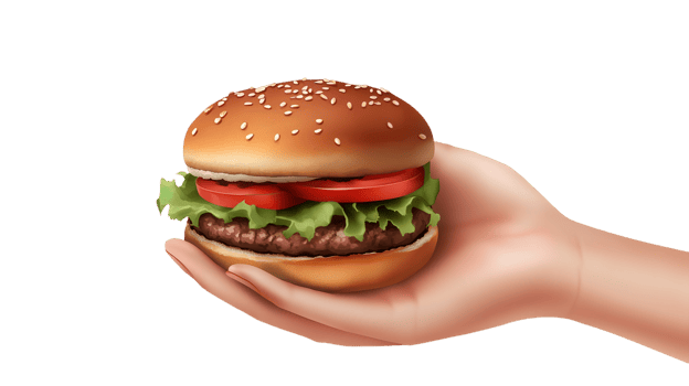 Hand offers a fresh hamburger featuring lettuce, tomato, and a sesame seed bun, perfect for any meal png