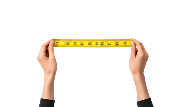 Two hands stretch a yellow measuring tape that shows measurements clearly while positioned in a neutral setting png