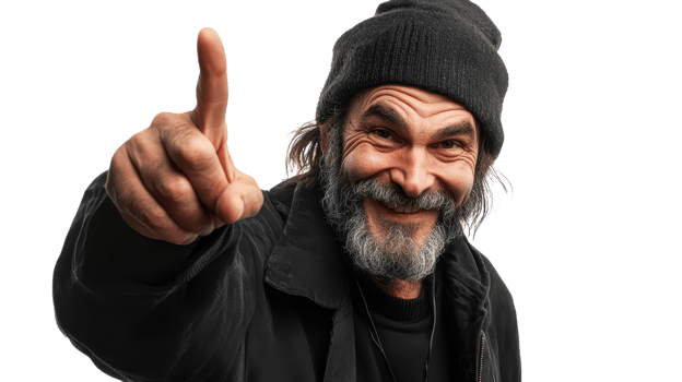 A man with a prominent beard and a beanie smiles and points with confidence in a bright indoor space png