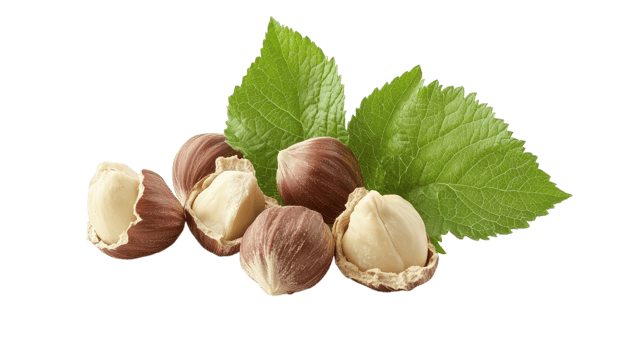 Whole and shelled hazelnuts surrounded by fresh green leaves, ideal for baking, snacks, and nutrition enhancing png