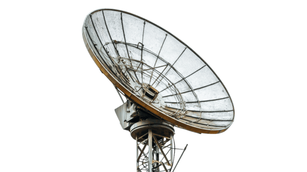 A large satellite dish mounted on a metal tower captures signals in a clear blue sky png