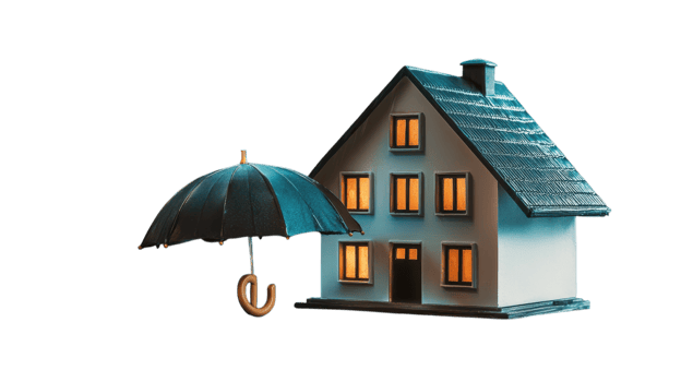 A model house stands next to a big umbrella, representing shelter and security from weather conditions png