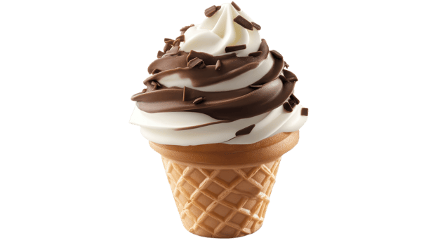 A delicious soft serve ice cream cone features a chocolate swirl and chocolate sprinkles, perfect for a sunny afternoon png