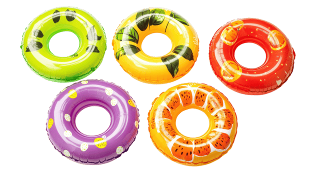 Five vibrant inflatable pool rings featuring fruit themes, perfect for playful summer activities by the water png