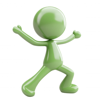 Smiling green 3d icon user cartoon character walking confidently, arms lifted high, symbolizing achievement against transparent backdrop png
