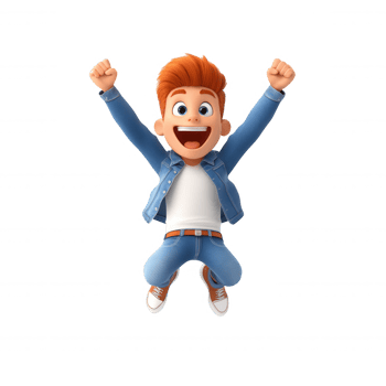 3d icon cheerful boy arms, with raised jumping expressing joy and excitement on a transparent background png