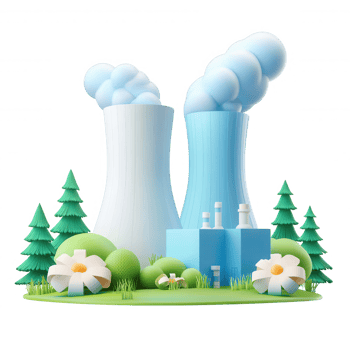 3d icon illustration of a cartoon nuclear power plant emitting smoke, situated on a small green island transparent background png