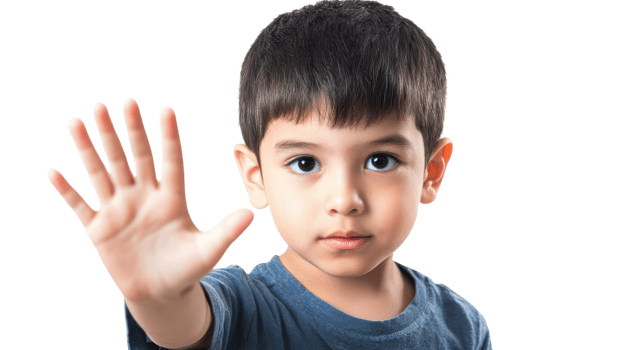 A young boy with dark hair is calmly extending his hand forward, conveying a message of greeting or stop png