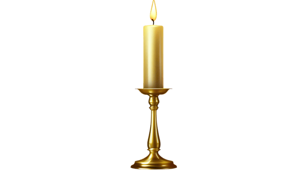 A tall gold candlestick holds a lit candle, creating a warm and inviting atmosphere against a simple backdrop png