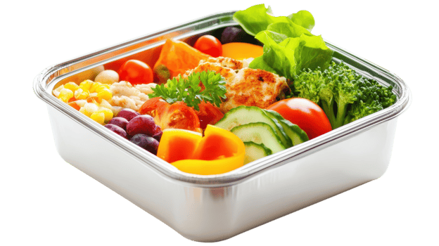 Fresh vegetables including broccoli, tomatoes, and peppers arranged in a silver container ready for enjoyable eating png
