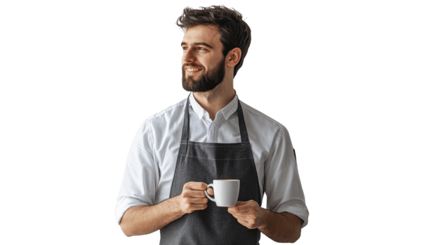 A barista stands with a coffee cup, showcasing a warm smile and bright atmosphere, ready to serve customers png