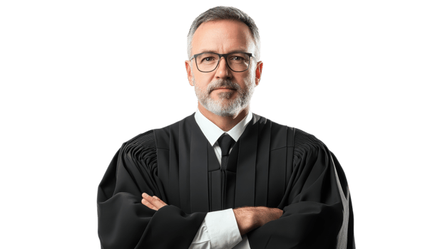 A judge stands confidently, arms crossed, wearing a black robe and glasses, exuding authority and professionalism png