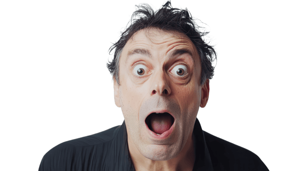 Man displays a shocked expression with wide eyes and an open mouth, conveying surprise in a simple background png