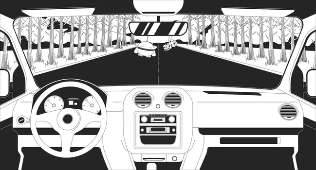 Interior car view driving through pine forest at dusk line illustration backdrop. Auto dashboard, steering wheel, rearview mirror hanging charms 2D ink outline monochrome background. Lineart vector