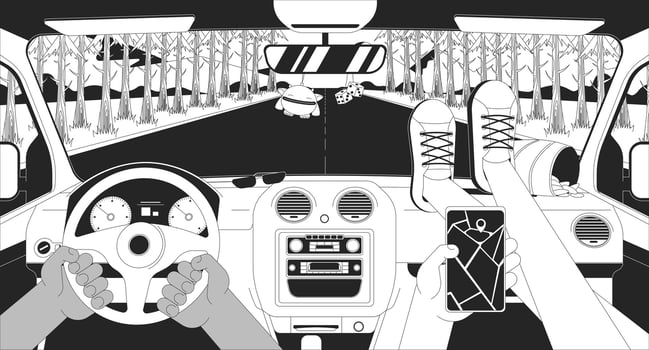 Road trip car interior with gps navigation and snacks lofi illustration outline. Passenger legs on dashboard, driver point view 2D ink linear flat lo fi drawing. Line art aesthetic wallpaper vector