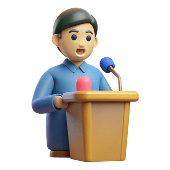 Man speaking at podium with microphone isolated on a transparent background blue png