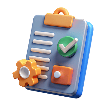 Blue clipboard with orange gear and green checkmark isolated on a transparent background png
