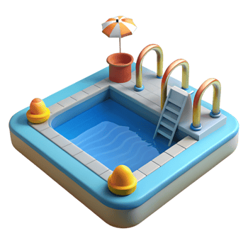 Blue swimming pool with ladder and umbrella isolated on a transparent background png