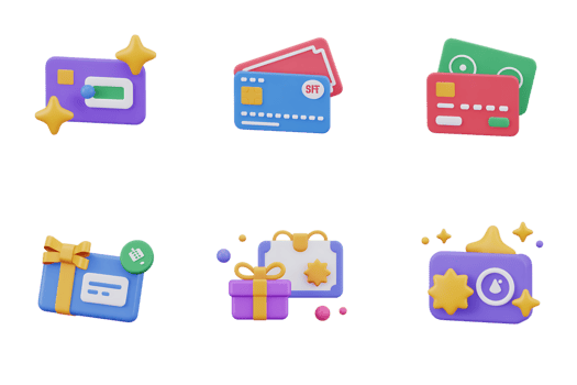 Collection of six financial and gift icons isolated on a transparent background png