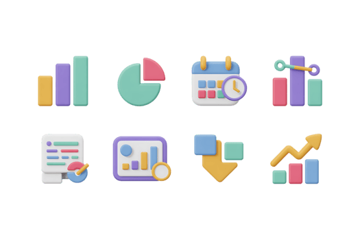 Colorful 3d business data icons isolated on a transparent background png