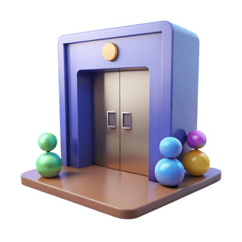 Purple elevator with golden doors and colorful figures isolated on a transparent background png