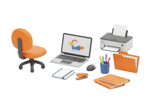 Orange office chair laptop printer mouse notebook stapler pens folder books isolated on a transparent background png