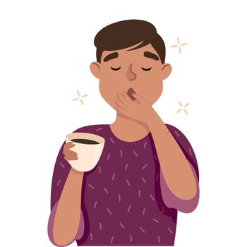 Sleepy Man with Cup of Coffee Yawning Covering His Mouth with His Hand Feeling Need for Sleep Illustration vector