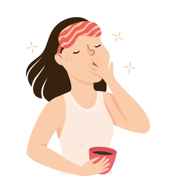 Sleepy Woman with Cup of Coffee Yawning Covering His Mouth with His Hand Feeling Need for Sleep Illustration vector