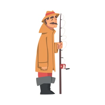 Moustached Grandpa Standing with Fishing Rod Illustration vector