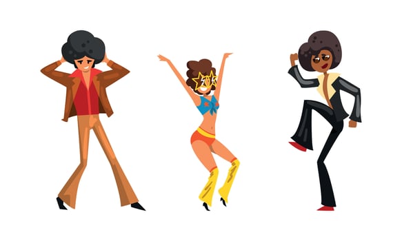 Retro Pop Musicians Characters Set, Performer Singers Wearing 70s Retro Fashion Style Clothes Cartoon Illustration vector